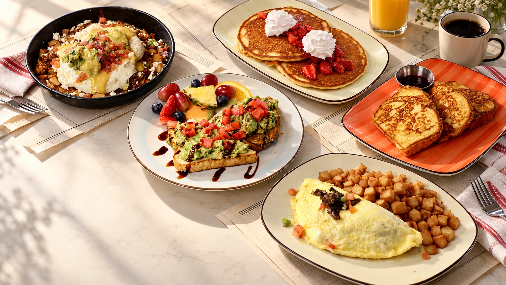 A spread of breakfast dishes at The Morning Post: avocado egg skillet, sweet cream pancakes, avocado toast, French toast, and a veggie omelette, with orange juice and coffee